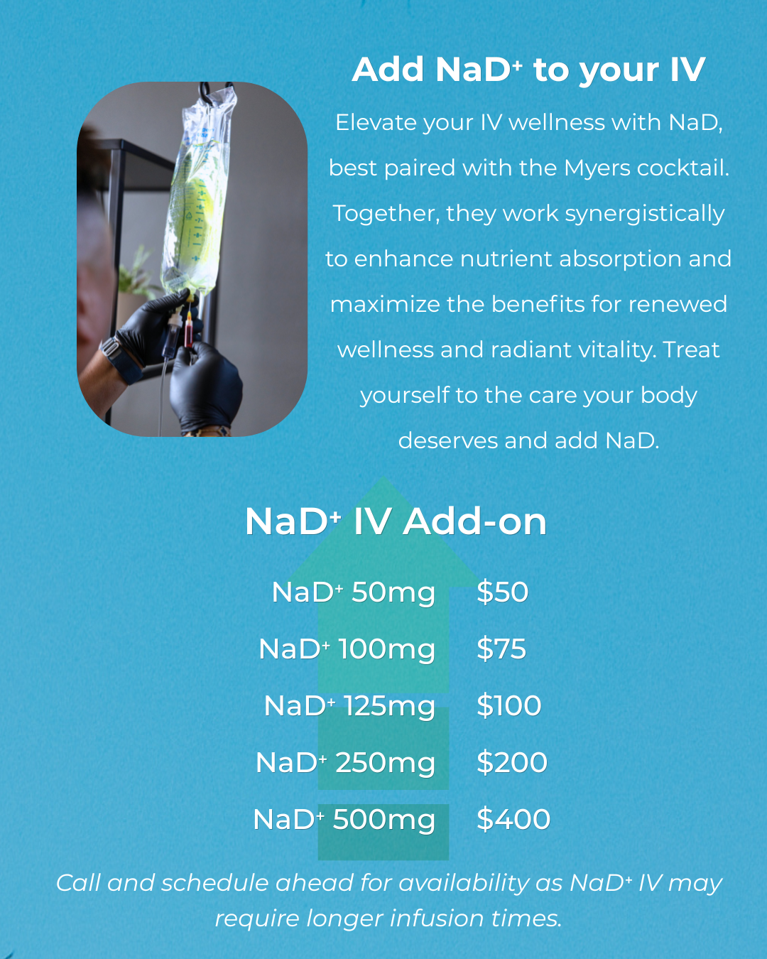 Elevate your IV wellness with NaD, best paired with the Myers cocktail. Together, they work synergistically to enhance nutrient absorption and maximize the benefits for renewed wellness and radiant vitality. Treat yourself to the care your body deserves and add NaD.