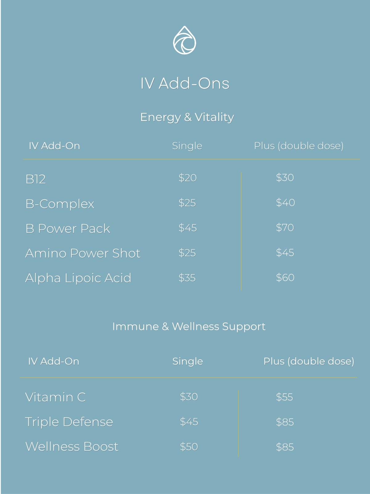 IV Add-Ons: B12  
B-Complex 
B Power Pack 
Amino Power Shot
Alpha Lipoic Acid
Vitamin C 
Triple Defense 
Wellness Boost
