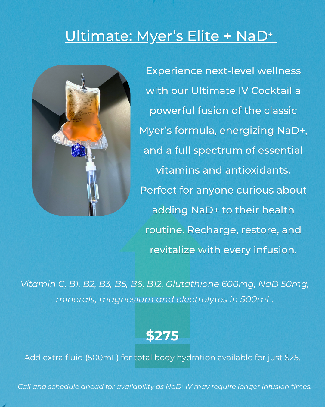 Experience next-level wellness with our Ultimate IV Cocktail a powerful fusion of the classic Myer’s formula, energizing NaD+, and a full spectrum of essential vitamins and antioxidants. Perfect for anyone curious about adding NaD+ to their health routine. Recharge, restore, and revitalize with every infusion.