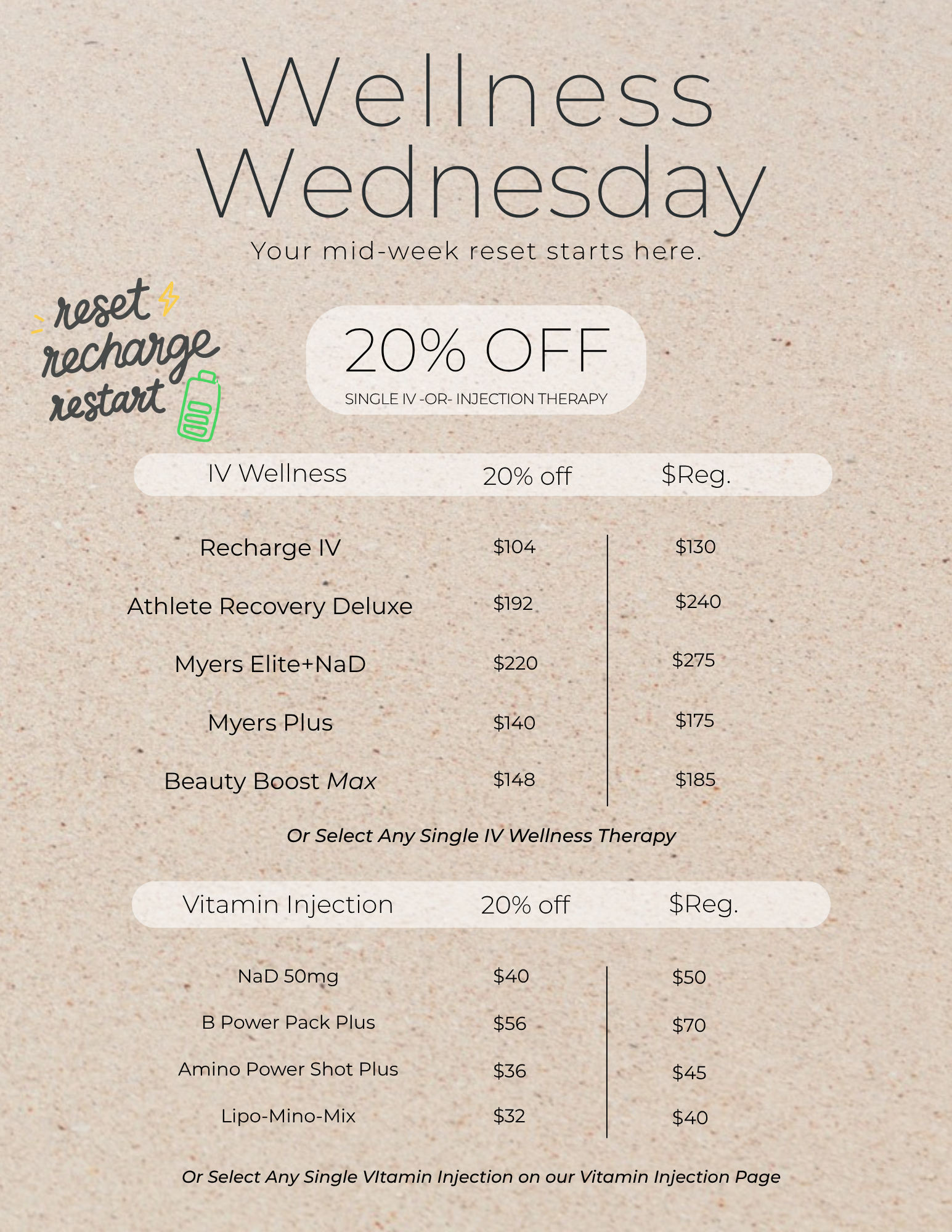 Wellness Wednesday: 20% off single IV or injections therapy of choice. Pricing examples.